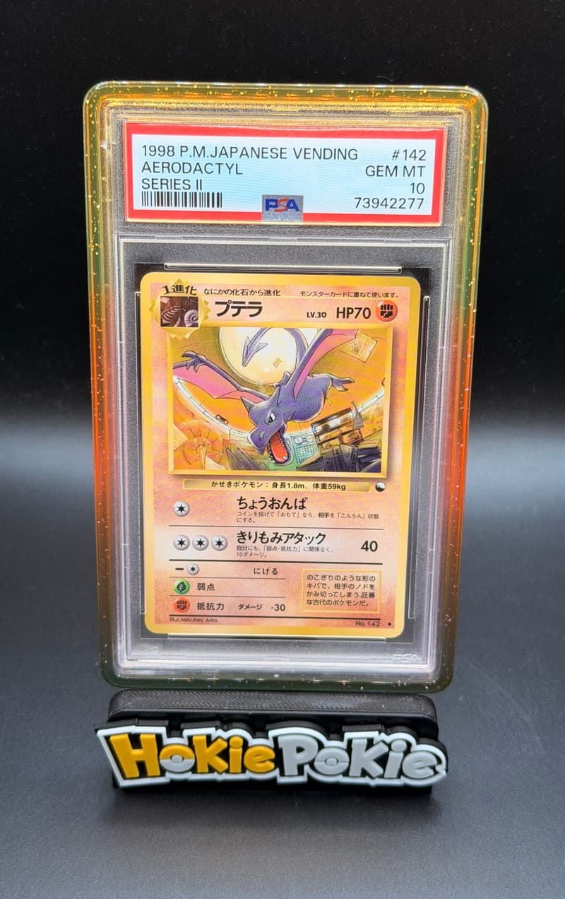 Aerodactyl, PSA 10 graded, card 142 from the 1998 Vending Series 2 (Japanese) Pokémon TCG set.