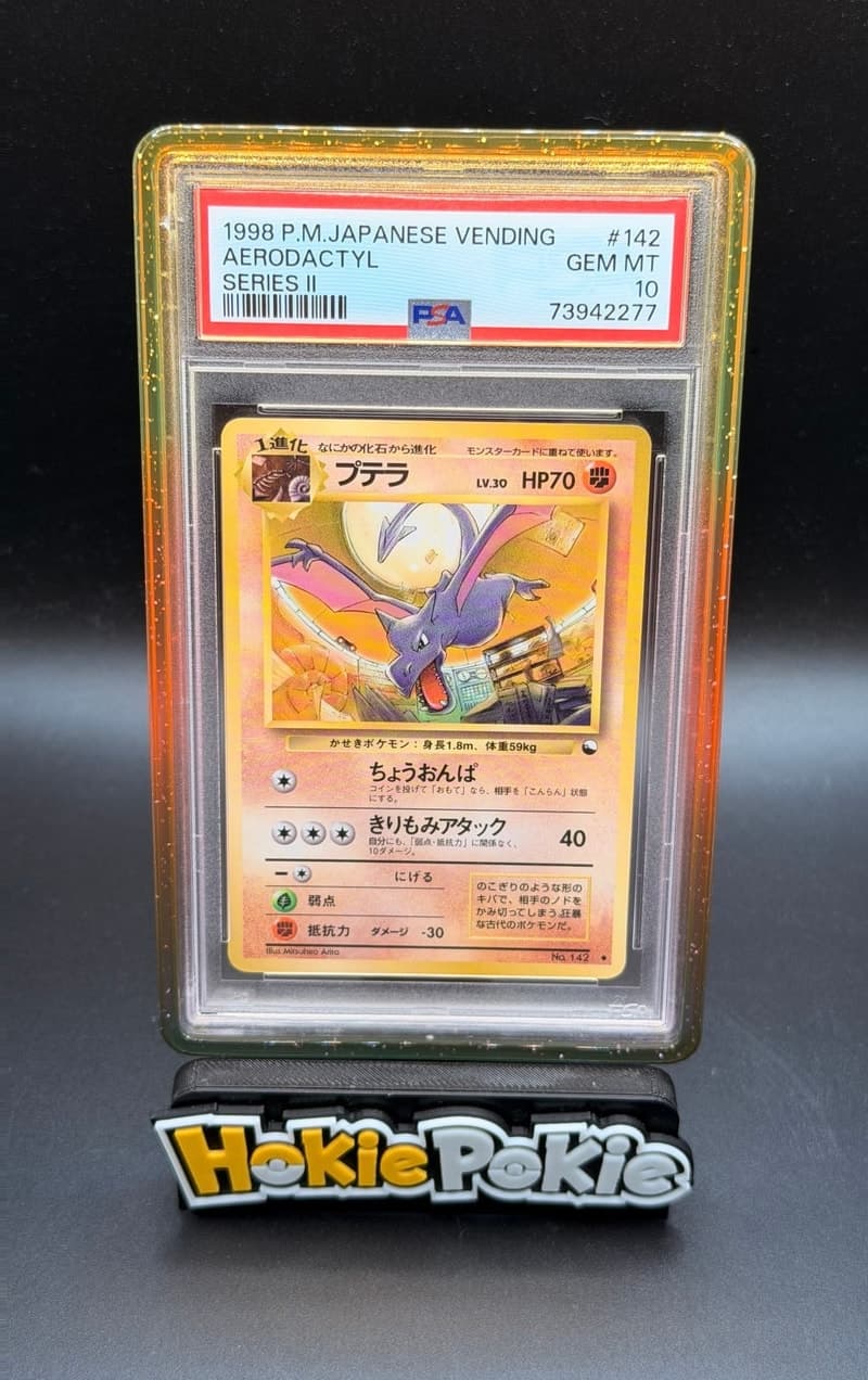 Aerodactyl, PSA 10 graded, card 142 from the 1998 Vending Series 2 (Japanese) Pokémon TCG set.