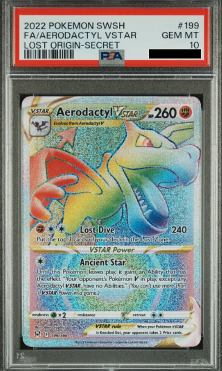 Aerodactyl VSTAR, PSA 10 graded, card 199 of 196 from the 2022 Lost Origin Pokémon TCG set.