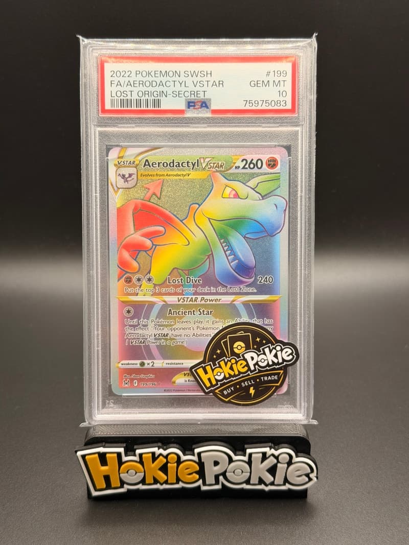 Aerodactyl VSTAR, PSA 10 graded, card 199 of 196 from the 2022 Lost Origin Pokémon TCG set. Actual photo of the card in hand.