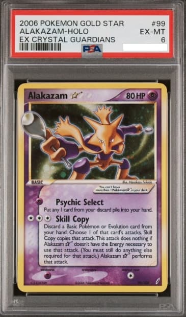 Alakazam Gold Star, PSA 6 graded, card 99 of 100 from the 2006 EX Crystal Guardians Pokémon TCG set.