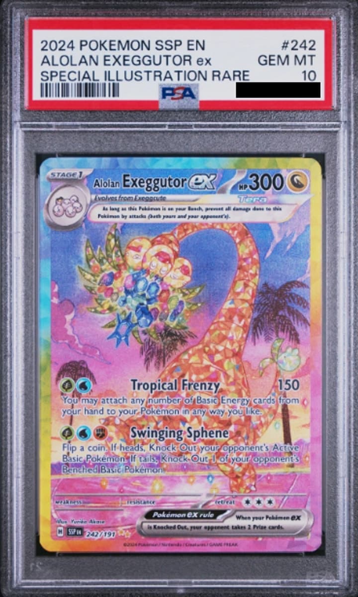 Alolan Exeggutor ex, PSA 10 graded, card 242 of 191 from the 2024 Surging Sparks Pokémon TCG set.