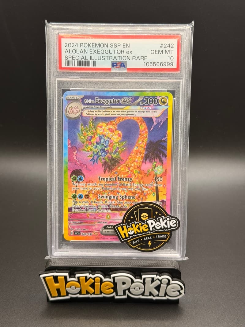 Alolan Exeggutor ex, PSA 10 graded, card 242 of 191 from the 2024 Surging Sparks Pokémon TCG set. Actual photo of the card in hand.