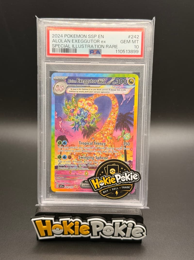 Alolan Exeggutor ex, PSA 10 graded, card 242 of 191 from the 2024 Surging Sparks Pokémon TCG set. Actual photo of the card in hand.