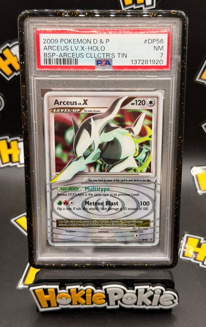 Arceus LV.X, PSA 7 graded, card DP56 from the 2009 DP Black Star Promos Pokémon TCG set.