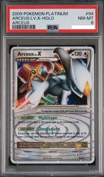Arceus LV.X, PSA 8 graded, card 94 of 99 from the 2009 Arceus Pokémon TCG set.