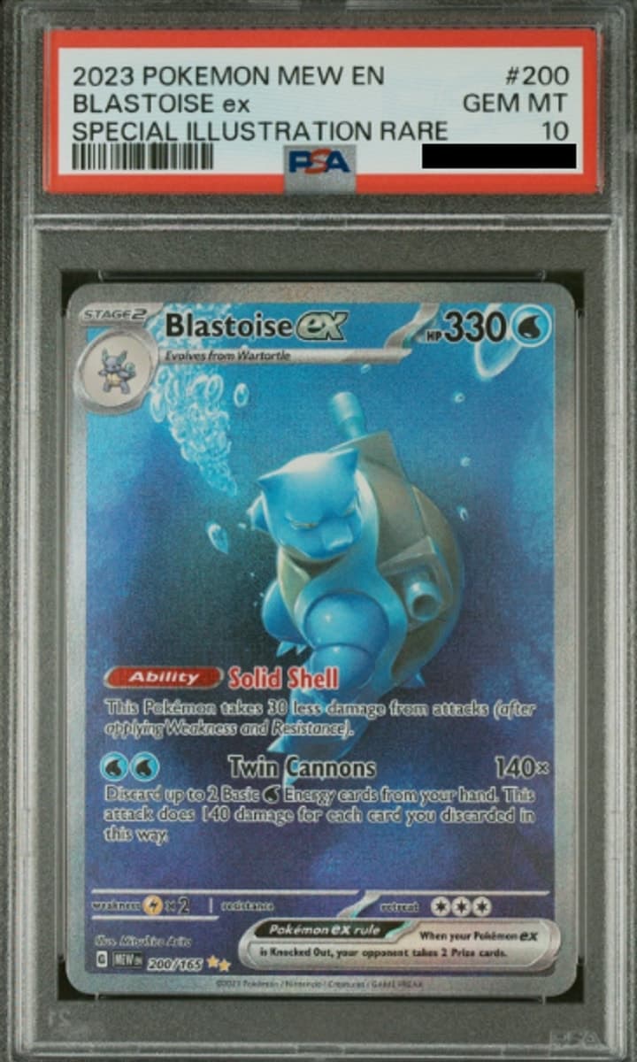 Blastoise ex, PSA 10 graded, card 200 of 165 from the 2023 Scarlet & Violet 151 Pokémon TCG set.