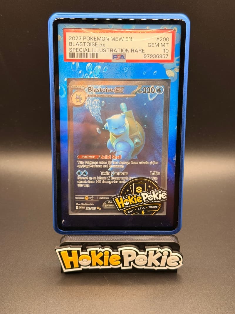 Blastoise ex, PSA 10 graded, card 200 of 165 from the 2023 Scarlet & Violet 151 Pokémon TCG set. Actual photo of the card in hand.