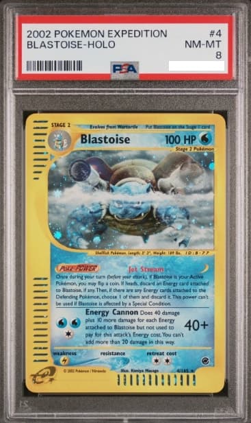 Blastoise, PSA 8 graded, card 4 of 165 from the 2002 Expedition Base Set Pokémon TCG set.