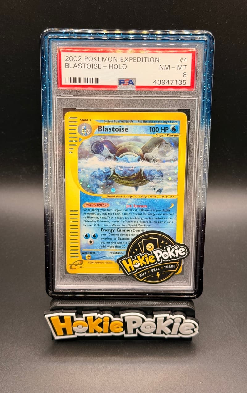 Blastoise, PSA 8 graded, card 4 of 165 from the 2002 Expedition Base Set Pokémon TCG set.