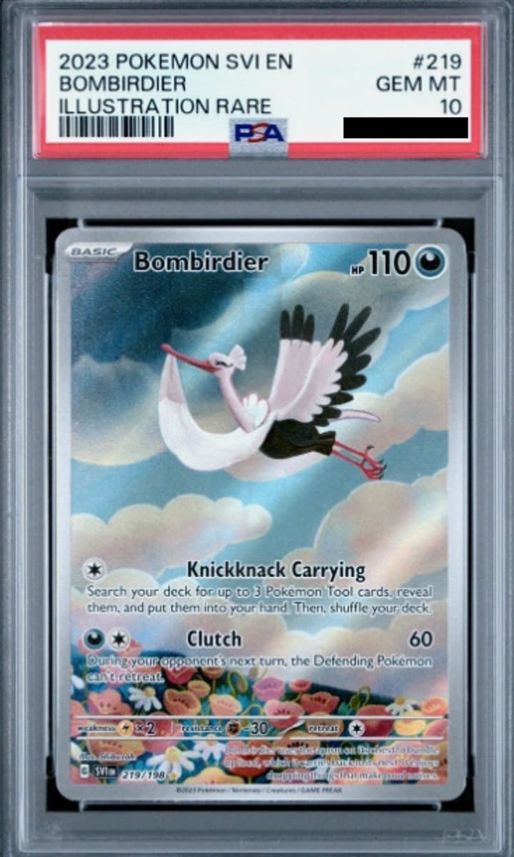 Bombirdier, PSA 10 graded, card 219 of 198 from the 2023 Scarlet & Violet Pokémon TCG set.