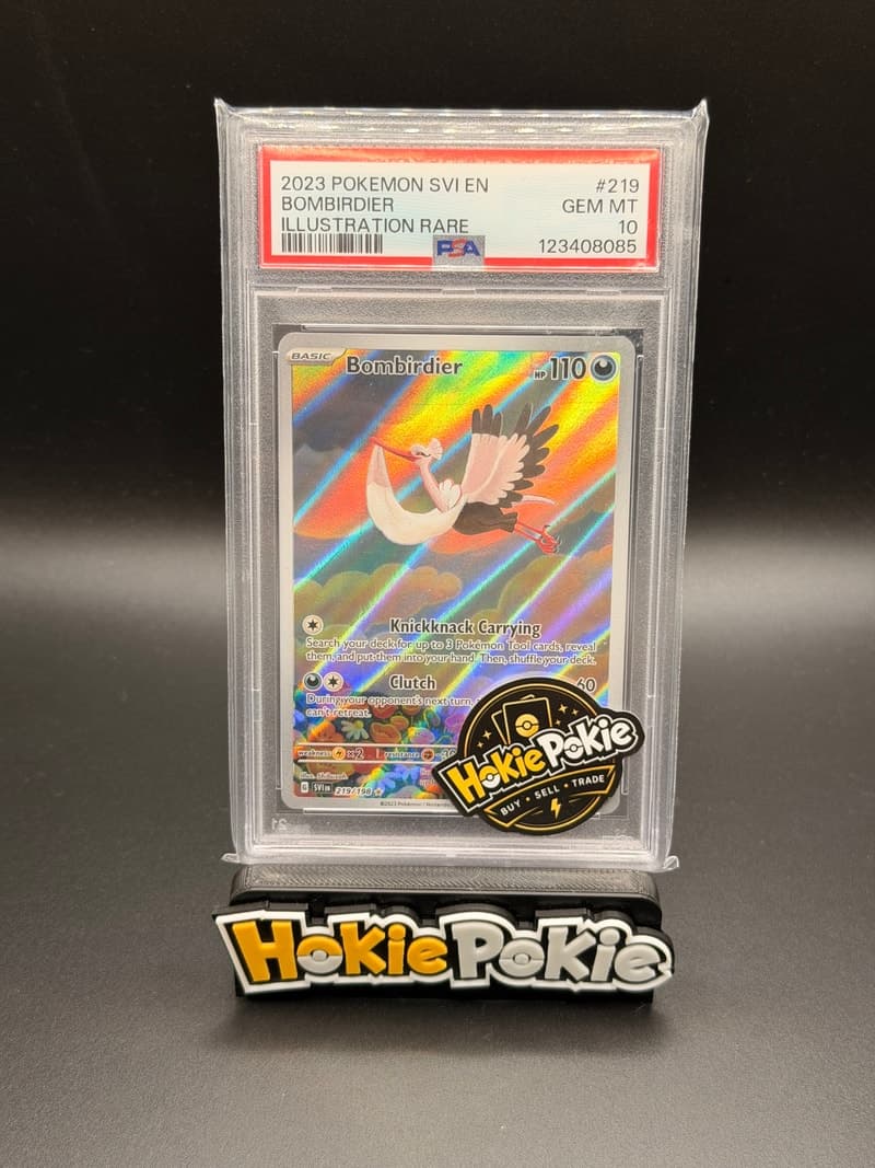 Bombirdier, PSA 10 graded, card 219 of 198 from the 2023 Scarlet & Violet Pokémon TCG set. Actual photo of the card in hand.