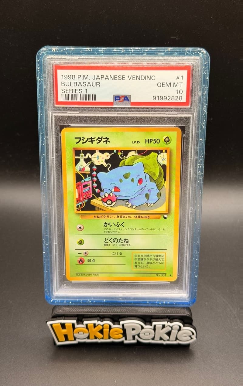 Bulbasaur, PSA 10 graded, card 001 from the 1998 Vending Series 1 (Japanese) Pokémon TCG set.