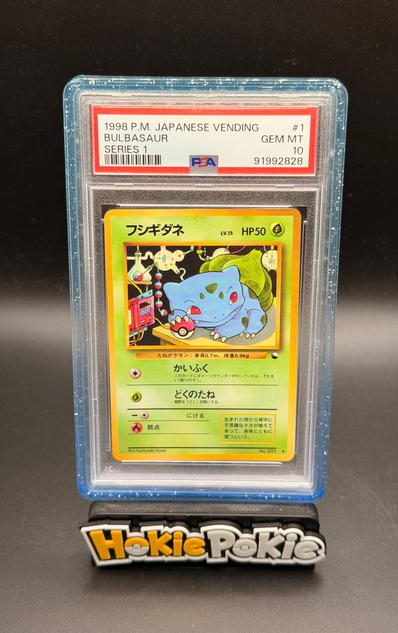 Bulbasaur, PSA 10 graded, card 001 from the 1998 Vending Series 1 (Japanese) Pokémon TCG set.