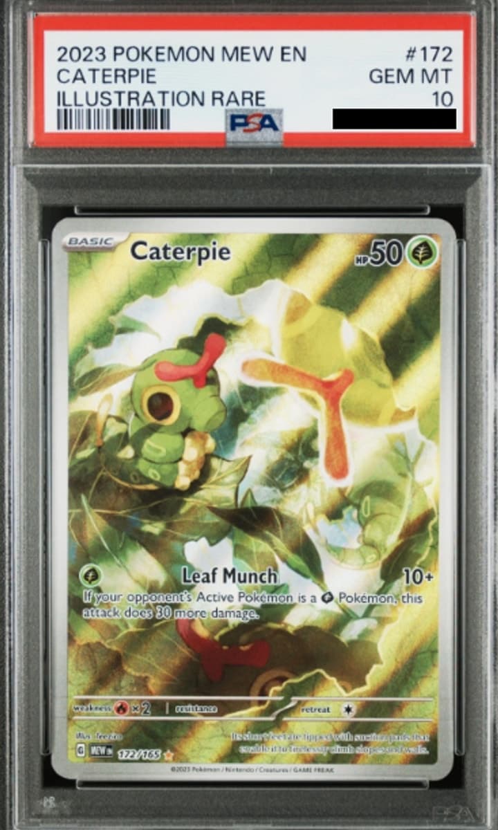 Caterpie, PSA 10 graded, card 172 of 165 from the 2023 Scarlet & Violet 151 Pokémon TCG set.