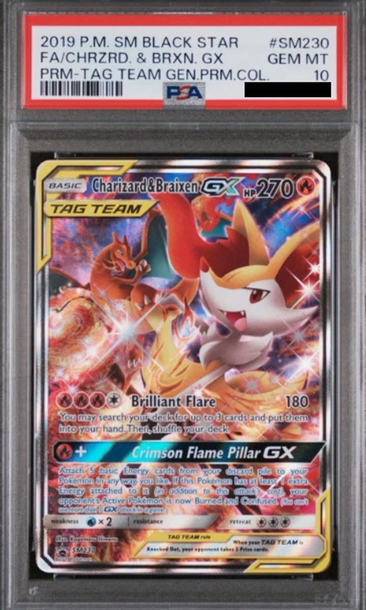 Charizard & Braixen GX, PSA 10 graded, card SM230 from the 2018 SM Black Star Promos Pokémon TCG set.