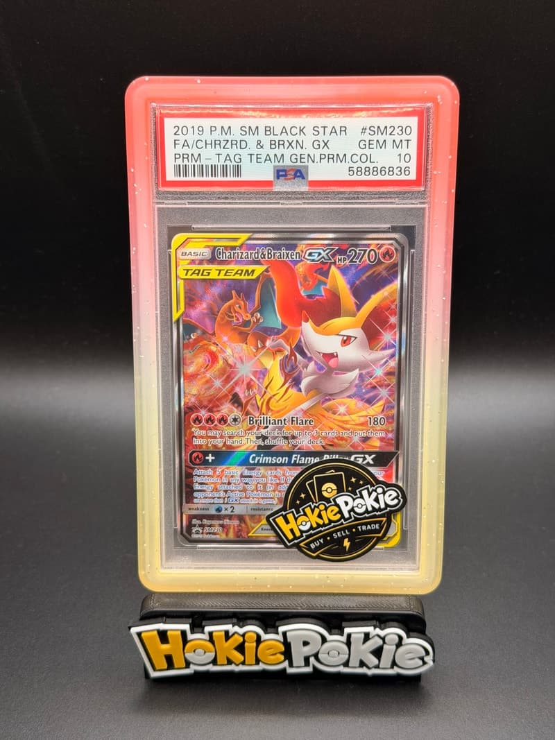Charizard & Braixen GX, PSA 10 graded, card SM230 from the 2018 SM Black Star Promos Pokémon TCG set.
