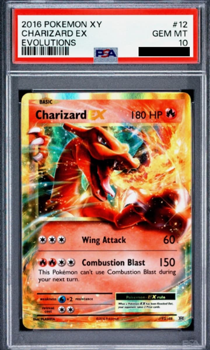 Charizard EX, PSA 10 graded, card 12 of 108 from the 2016 XY Evolutions Pokémon TCG set.