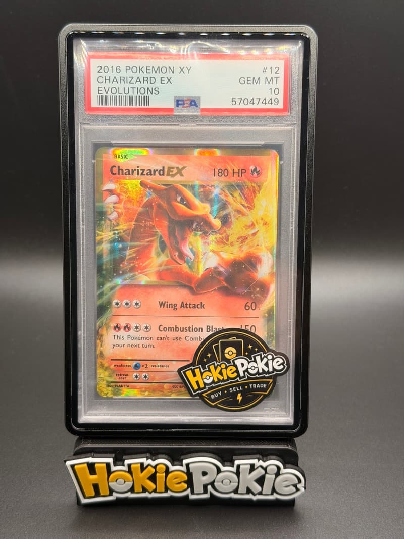 Charizard EX, PSA 10 graded, card 12 of 108 from the 2016 XY Evolutions Pokémon TCG set. Actual photo of the card in hand.