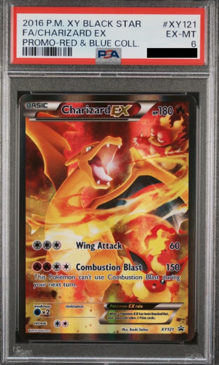 Charizard EX, PSA 6 graded, card XY121 from the 2015 XY Black Star Promos Pokémon TCG set.