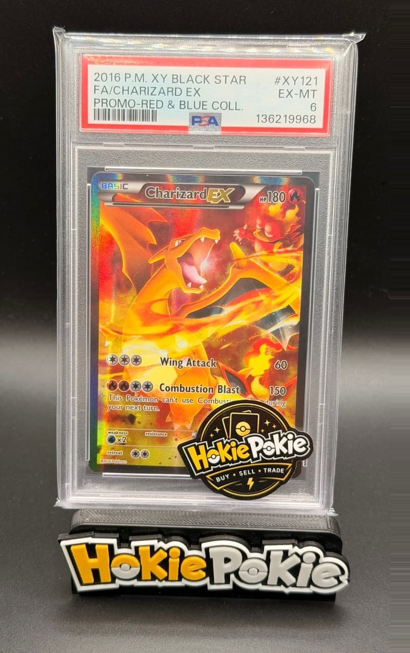 Charizard EX, PSA 6 graded, card XY121 from the 2015 XY Black Star Promos Pokémon TCG set.