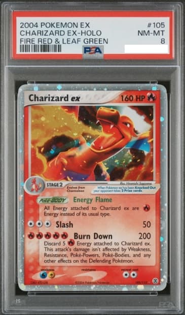 Charizard ex, PSA 8 graded, card 105 of 112 from the 2004 EX FireRed & LeafGreen Pokémon TCG set.