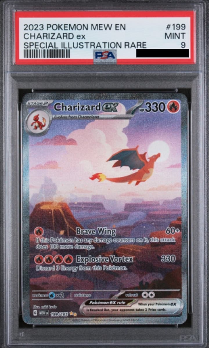Charizard ex, PSA 9 graded, card 199 of 165 from the 2023 Scarlet & Violet 151 Pokémon TCG set.