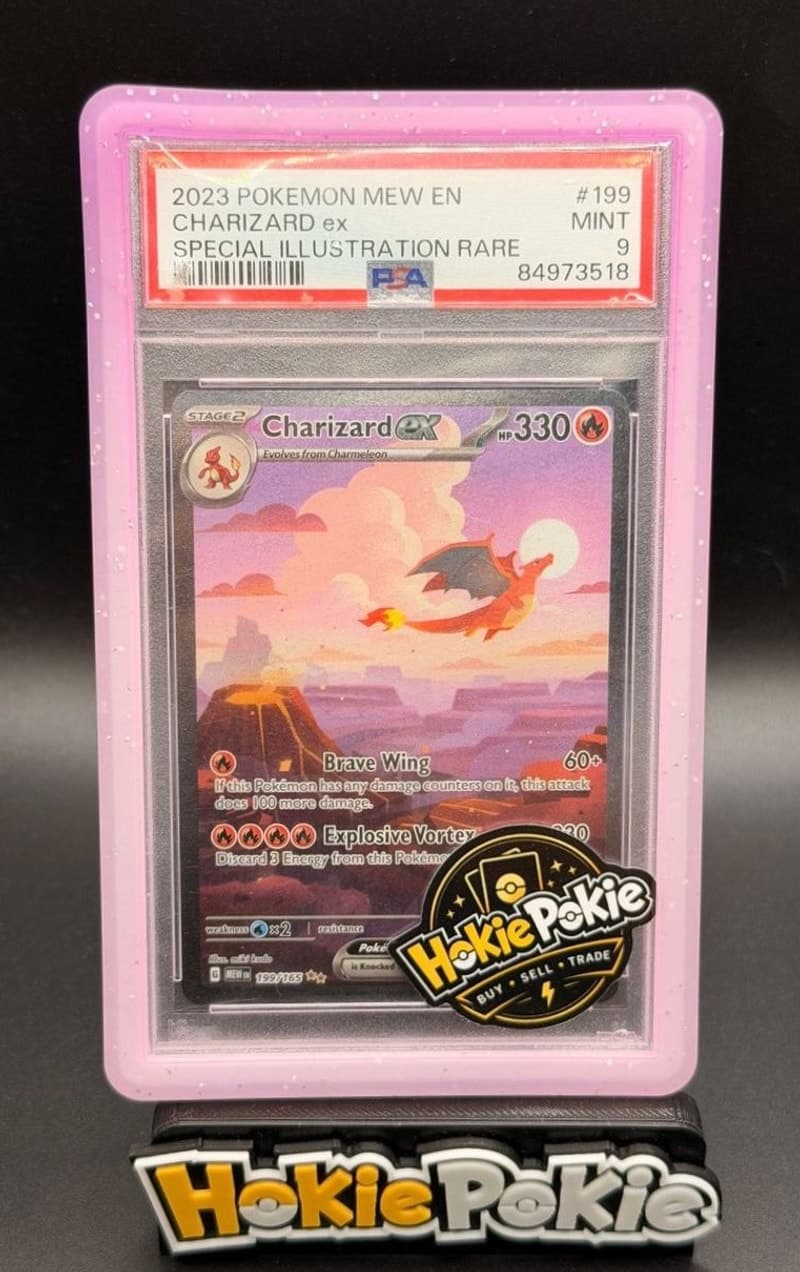 Charizard ex, PSA 9 graded, card 199 of 165 from the 2023 Scarlet & Violet 151 Pokémon TCG set. Actual photo of the card in hand.