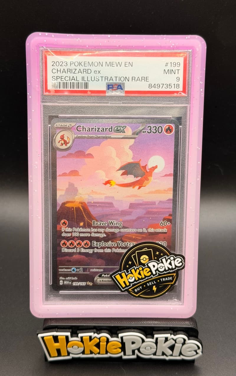 Charizard ex, PSA 9 graded, card 199 of 165 from the 2023 Scarlet & Violet 151 Pokémon TCG set. Actual photo of the card in hand.