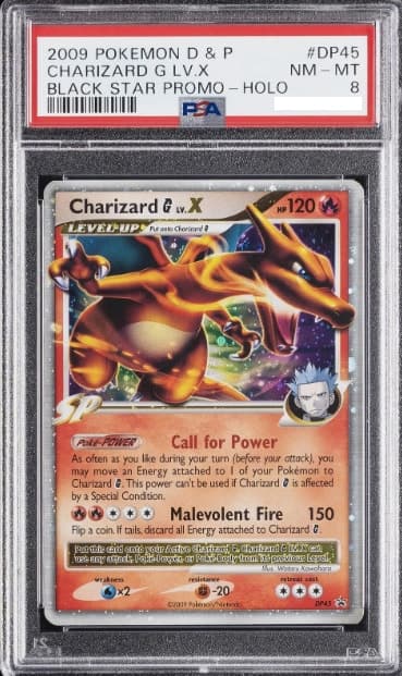 Charizard G LV.X, PSA 8 graded, card DP45 from the 2009 DP Black Star Promos Pokémon TCG set.