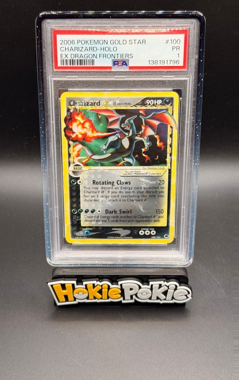 Charizard Gold Star, PSA 1 graded, card 100 of 101 from the 2006 EX Dragon Frontiers Pokémon TCG set.