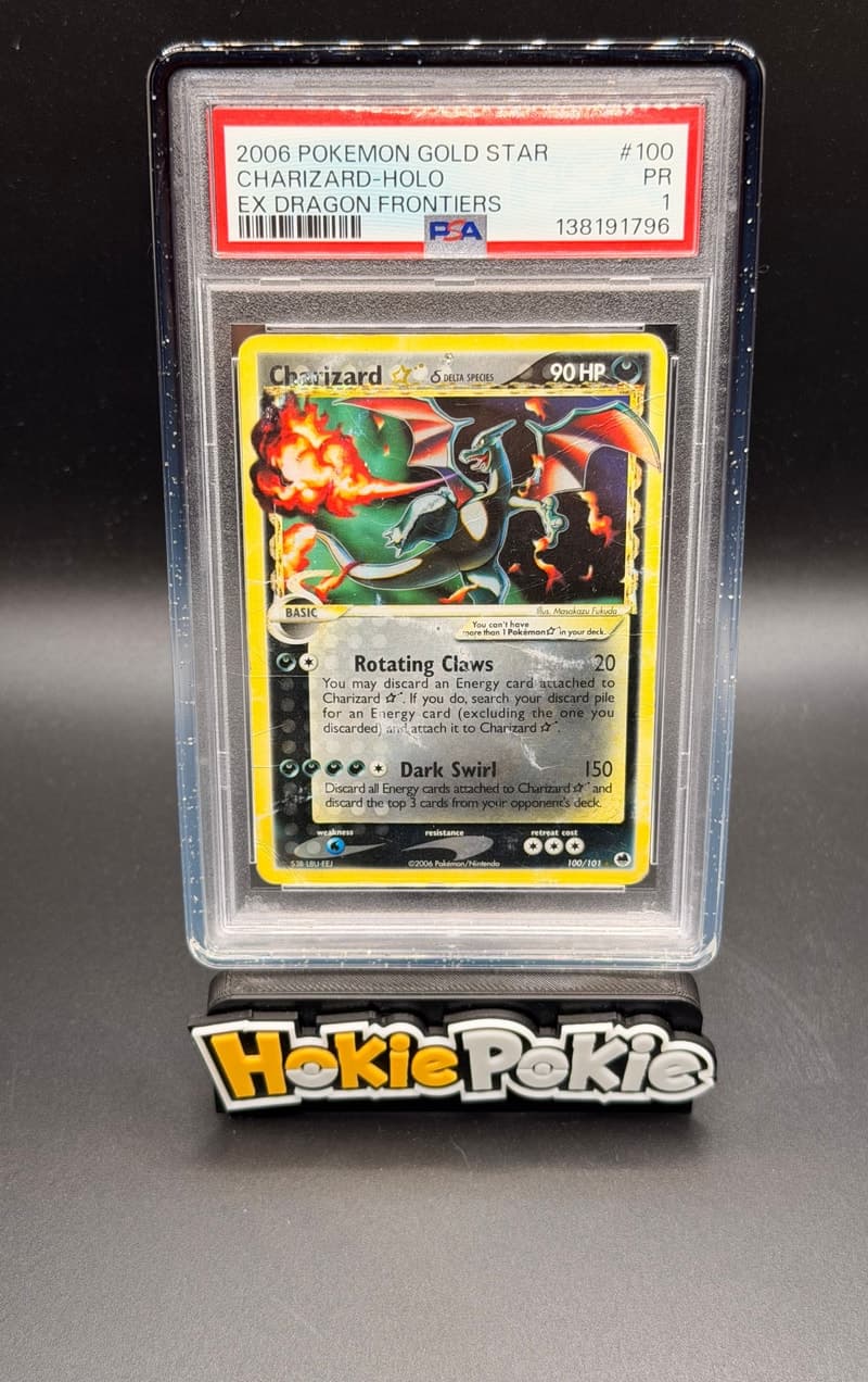 Charizard Gold Star, PSA 1 graded, card 100 of 101 from the 2006 EX Dragon Frontiers Pokémon TCG set.