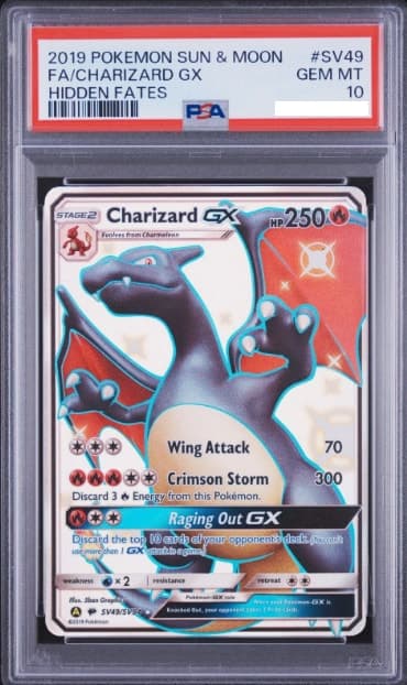 Charizard GX, PSA 10 graded, card SV49 / SV94 from the 2019 Hidden Fates Pokémon TCG set.