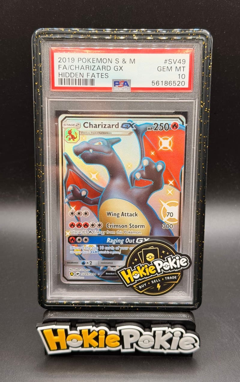 Charizard GX, PSA 10 graded, card SV49 / SV94 from the 2019 Hidden Fates Pokémon TCG set.