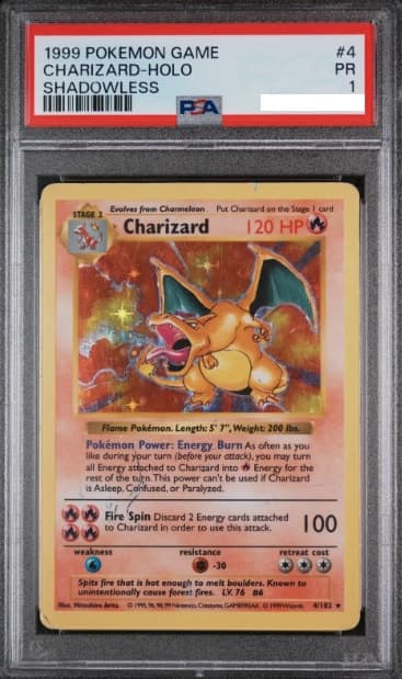 Charizard, PSA 1 graded, card 4 of 102 from the 1999 Base Set Pokémon TCG set.