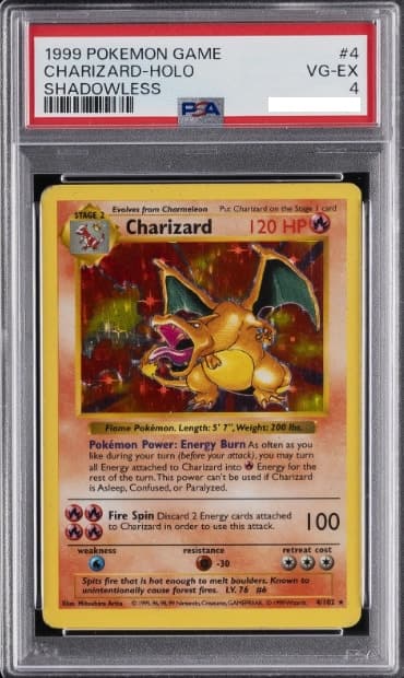 Charizard, PSA 4 graded, card 4 of 102 from the 1999 Base Set Pokémon TCG set.