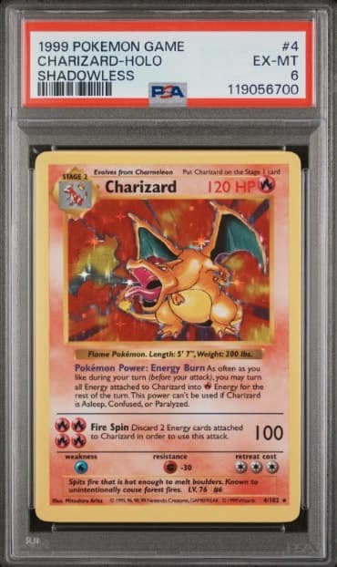 Charizard, PSA 6 graded, card 4 of 102 from the 1999 Base Set Pokémon TCG set.
