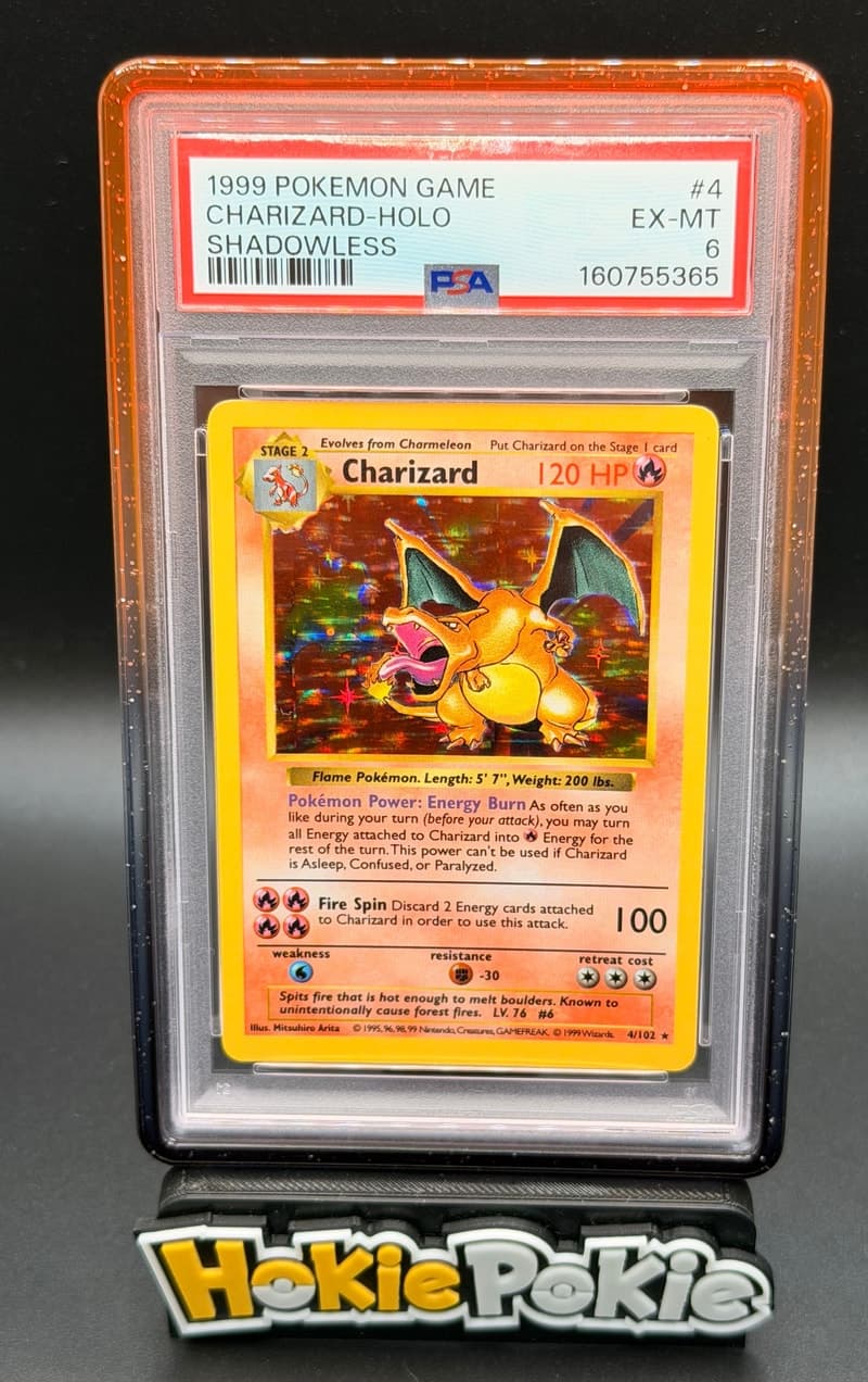 Charizard, PSA 6 graded, card 4 of 102 from the 1999 Base Set Pokémon TCG set.