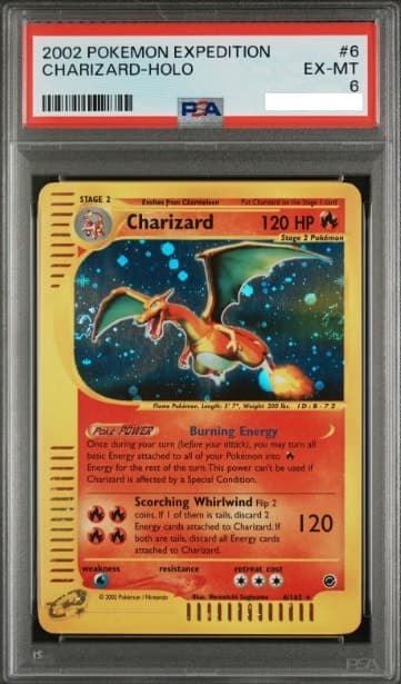 Charizard, PSA 6 graded, card 6 of 165 from the 2002 Expedition Base Set Pokémon TCG set.