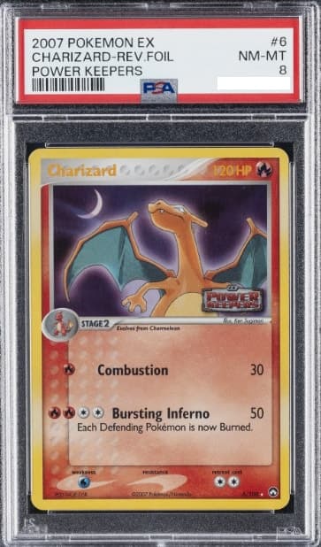 Charizard, PSA 8 graded, card 6 of 108 from the 2007 EX Power Keepers Pokémon TCG set.