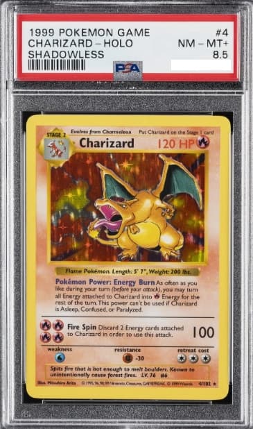 Charizard, PSA 8.5 graded, card 4 of 102 from the 1999 Base Set Pokémon TCG set.