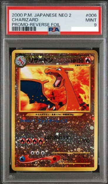 Charizard, PSA 9 graded, card 006 from the 2000 Neo 2 Promo (Japanese) Pokémon TCG set.