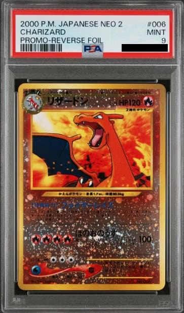 Charizard, PSA 9 graded, card 006 from the 2000 Neo 2 Promo (Japanese) Pokémon TCG set.
