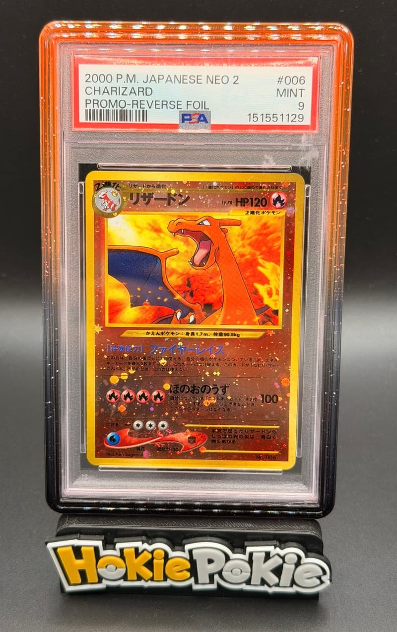 Charizard, PSA 9 graded, card 006 from the 2000 Neo 2 Promo (Japanese) Pokémon TCG set.