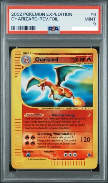 Charizard, PSA 9 graded, card 6 of 165 from the 2002 Expedition Base Set Pokémon TCG set.