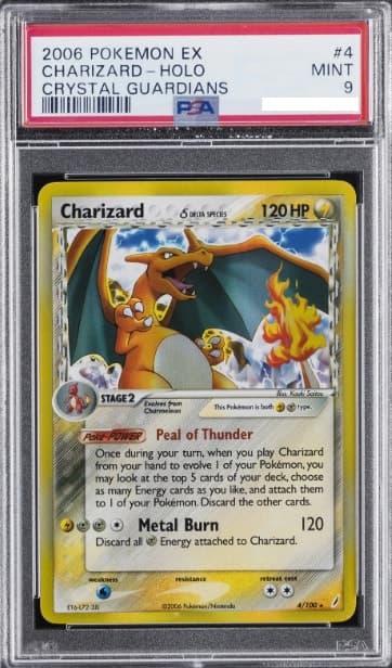 Charizard, PSA 9 graded, card 4 of 100 from the 2006 EX Crystal Guardians Pokémon TCG set.