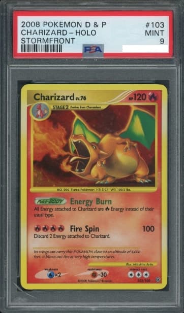 Charizard, PSA 9 graded, card 103 of 100 from the 2008 Stormfront Pokémon TCG set.