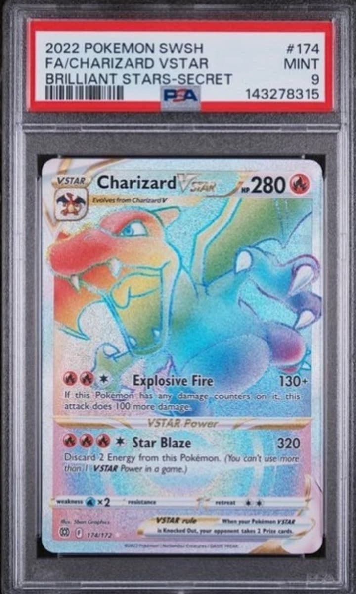 Charizard VSTAR, PSA 9 graded, card 174 of 172 from the 2022 Brilliant Stars Pokémon TCG set.