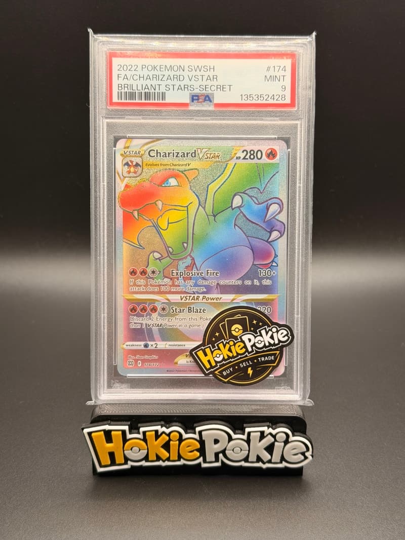 Charizard VSTAR, PSA 9 graded, card 174 of 172 from the 2022 Brilliant Stars Pokémon TCG set. Actual photo of the card in hand.