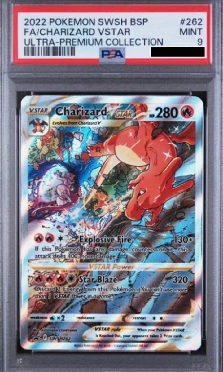 Charizard VSTAR, PSA 9 graded, card SWSH262 from the 2022 SWSH Black Star Promo (Ultra-Premium Collection) Pokémon TCG set.